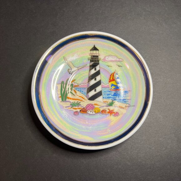 Pearlescent Small Round Black White Lighthouse Nautical Decorative Dessert Plate - Picture 1 of 4